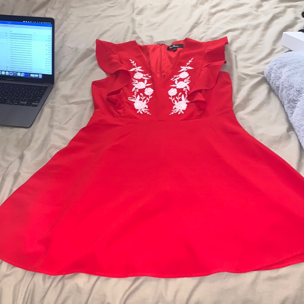 Lulu’s red flare dress with embroidery